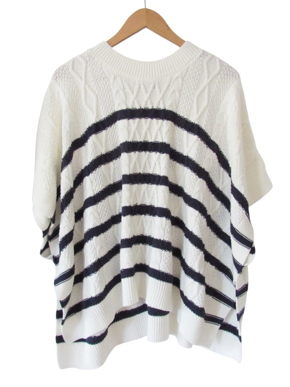 J Crew Factory Striped Cable Knit Poncho Sweater One Size White Navy Blue Preppy